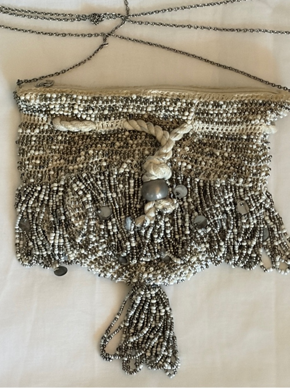 Free People Silver Tan Beaded Fringe  Crossbody Bag